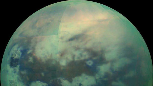 Titan's surface from 10000km, infrared, false-color image.