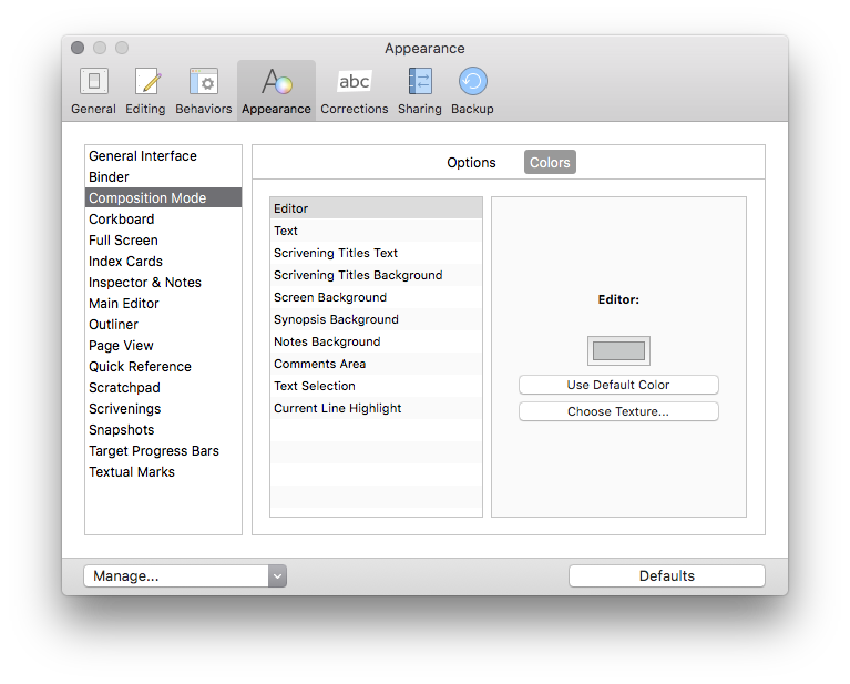 preferences window, appearance, composition editor