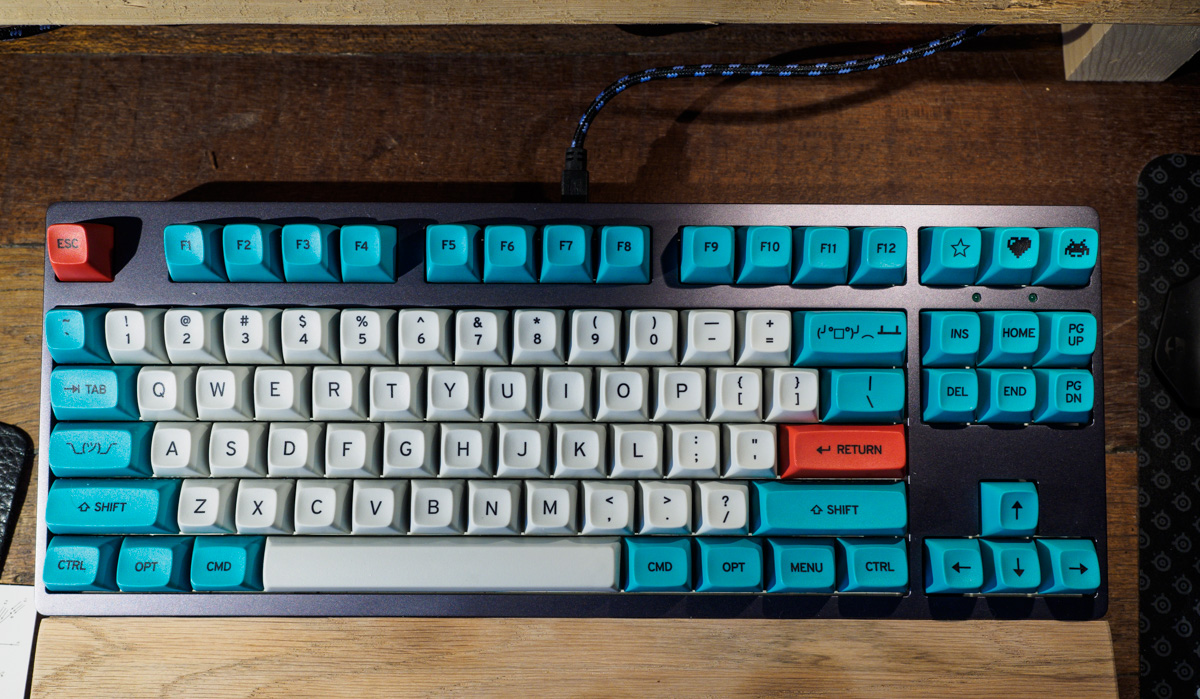 This is my keyboard. A modified Filco Majestouch 2 with dev-tty keycaps and an aluminum case.