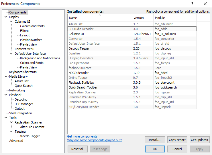 foobar2000 installed components